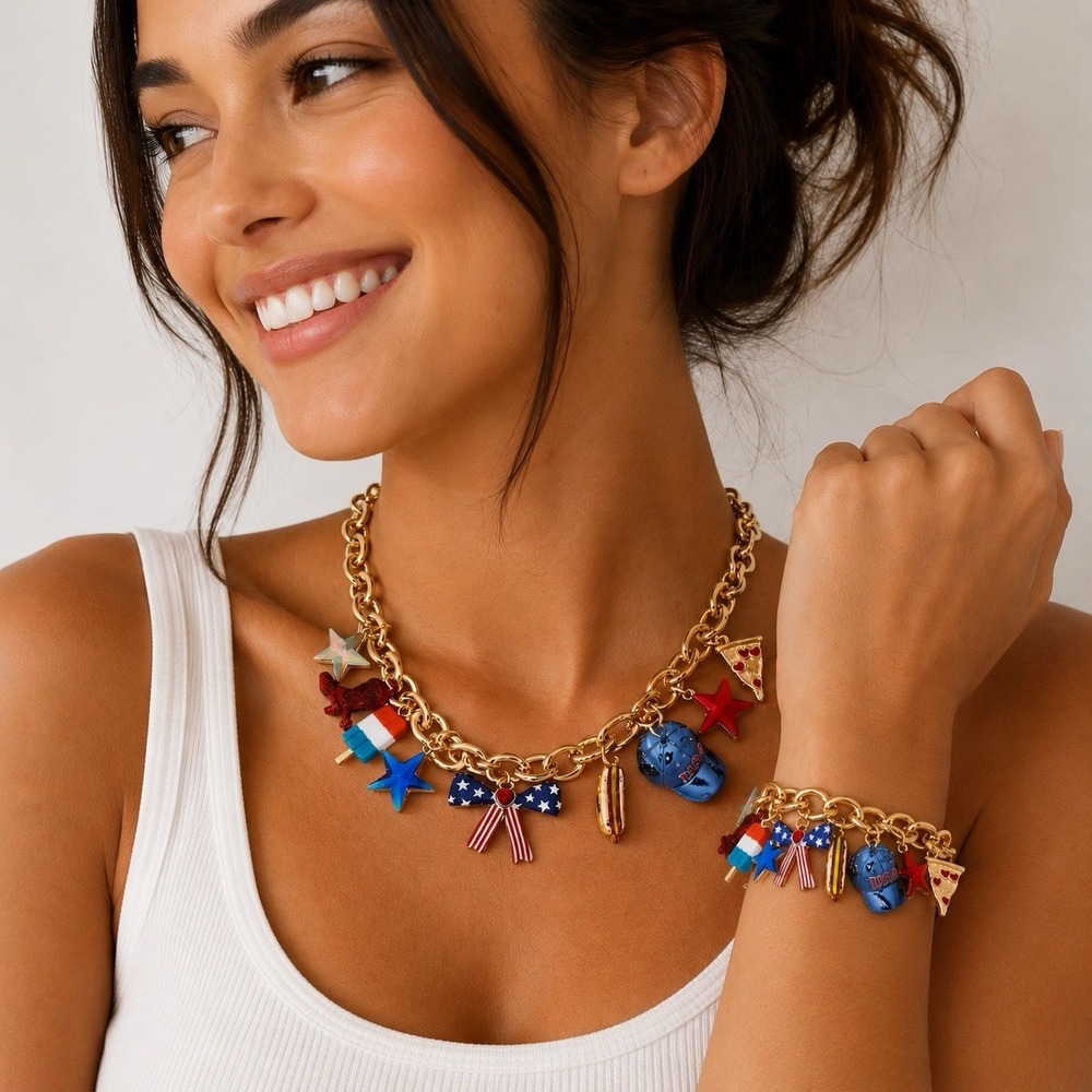 Betsey Johnson Patriotic Set Matching Charm Necklace & Bracelet Americana USA - Picture 6 of 6
